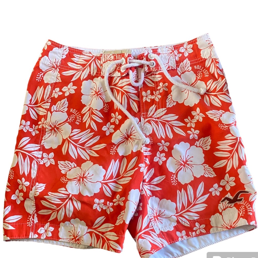 Hollister Swim Trunks Mens‎ Tropical Print Floral Sz Small Orange White Beach
